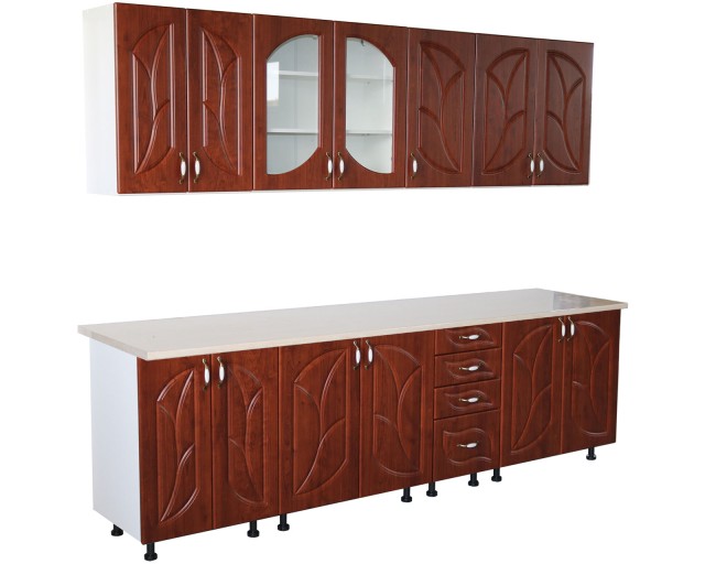 Bucatarie Zebra 260 cm din MDF Cedru frunza cu blat termoizolant alb/gri